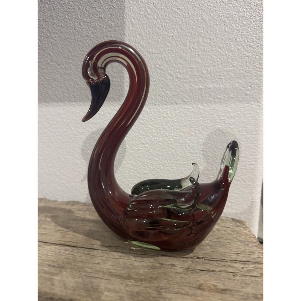 Vintage Hand Blown Art Glass Swan Figurine Cranberry Green Clear Decor